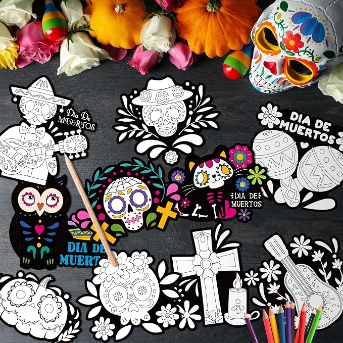 Day of the Dead Coloring Arts Crafts Kit - 30Pcs Mexico Theme Color Your Own Magnets for Kids Mexican Fiesta Blank DIY Coloring Magnets for Party Fridge Refrigerator School Classroom Activities Decor