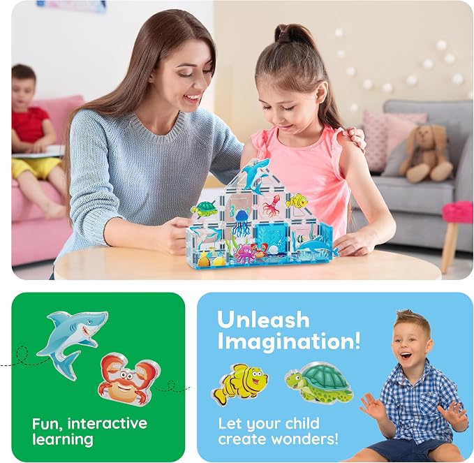 PicassoTiles 26 Piece Magnetic Tiles, Ocean Marine World STEM Set Ages 3+ | Eight sea creature figures, vivid printed designs, screen-free imaginative play, hands-on early learning fun for curious kids