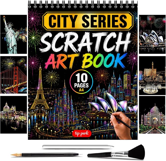 Scratch Art Book for Adults - City Series, 10 Rainbow Art and Crafts for Adults | Adult scratch art & foil art for adults kit | stress relief scratch painting, screen-free travel craft | scratch art adult