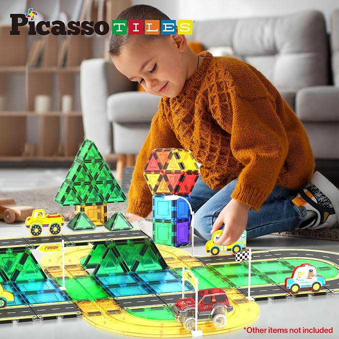 PicassoTiles Magnetic Building Tiles Car Track Magnet Vehicle Adventure Theme Printed Street Road Runway Speedway Highway Block Construction Expansion Add-on Education Learning Toys for Kids 3+ PTE16