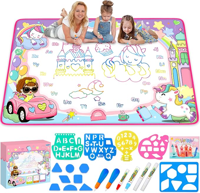 Magic Water Doodle Mat - Kids Painting Drawing Board, Gift Toy for Ages 2-9 | Perfect Water Doodle Mat - Kids Painting Drawing Board Toy, Color Magic Pens Deluxe Gift Set for Age 2-9 Girls Boys Toddlers