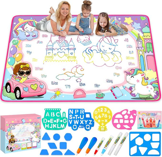 Magic Water Doodle Mat - Kids Painting Drawing Board, Gift Toy for Ages 2-9 | Perfect Water Doodle Mat - Kids Painting Drawing Board Toy, Color Magic Pens Deluxe Gift Set for Age 2-9 Girls Boys Toddlers