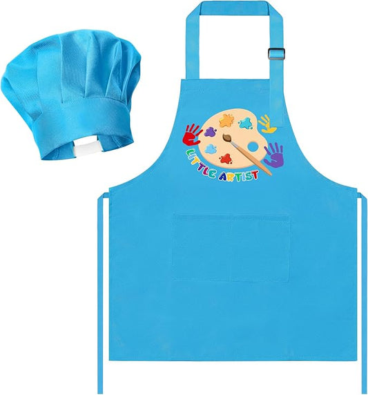 R HORSE 2 Pieces Kid Apron and Chef Hat Set, Dress up Pretend Play Toy | Blue Little Artist Adjustable Children Kitchen Apron with Pockets Set, Ideal for Painting, Cooking, Baking, Birthday Gift