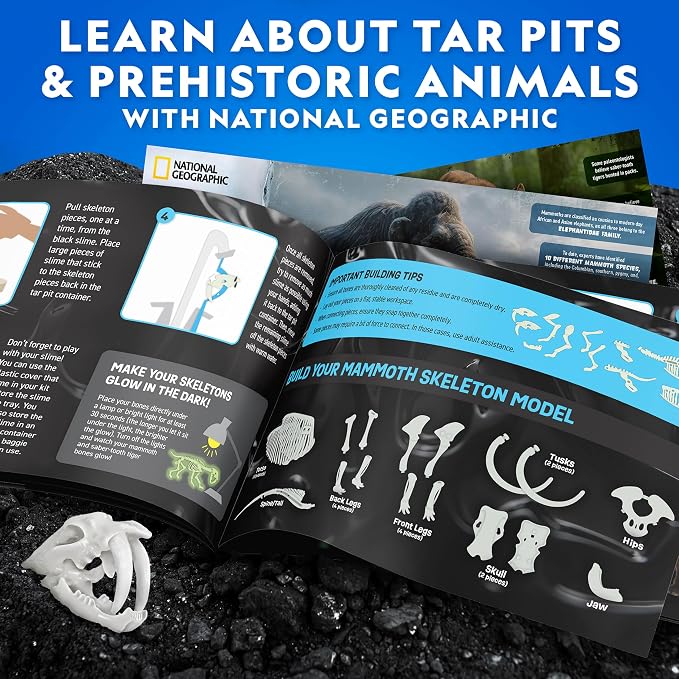 National Geographic Slime Kit for Kids Ages 6-12, Glow in the Dark Dig Kit | Mammoth and Saber-Tooth Tiger Skeletons, Black Slime, Reusable Prehistoric Science Toy, Paleontology Activity