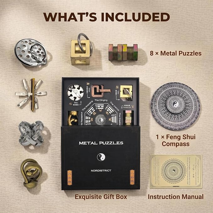 Bagua Metal Puzzles Set with Feng Shui Compass, 8+1 Alloy Brain Teasers, Traditional Chinese Intellectual Puzzle Toys for Adults, Stress Relief Fidget Desk Toy & Gift for Puzzle Lovers