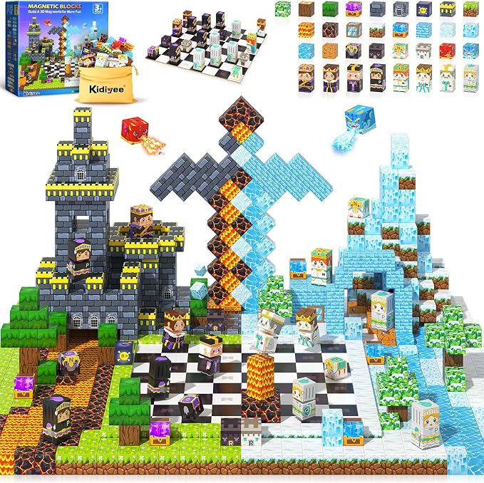 144PCS Magnetic Blocks - Mine Magnet World Chess Set, Magnetic Building Toys Games for Kids Ages 5-7 6-8 8-12, Magnet Blocks Kids Toddler Toys, Ideal Gifts for Boys & Girls Ages 3+