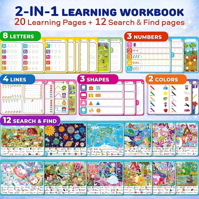 Busy Book for Toddlers 3-5 - Reusable Dry Erase Workbooks for Kids 4-6 | Fantasy Search and Find Activity Pad - Toddler Workbook with Markers for Travel and Quiet Time