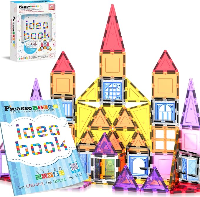 PicassoTiles Magnetic Tiles Magnet Toys Building Blocks Construction Set with 110+ Pages IdeaBook STEM Learning Playset Toddlers Educational Fun Play Kids Boys Girls Sensory Toys Ages 3+ PT03