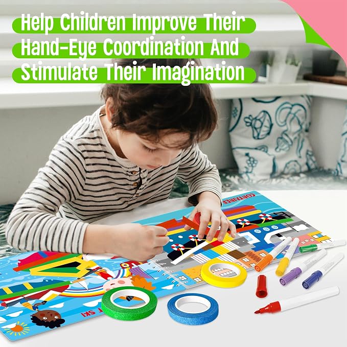 SpriteGru Tape Activity Book, 30 Dry Erase Vehicle Patterns and 4 Colorful Tapes, Reusable & Erasable Pages and Easy-Tear Tapes, Fun and Creative Game Pad for Road Trip, Travel, At Home