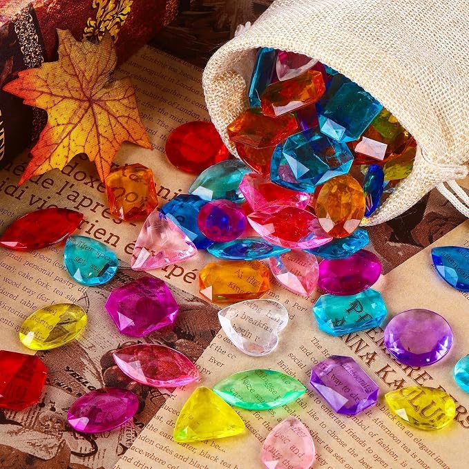 150 Pcs Pool Diving Gems Toys Colorful Pirate Treasure Jewels | Fake Acrylic Gems, Plastic Diamonds Gemstones with a Burlap Bag, Vase Filler, Summer Beach Toys, Pirate Party Favors Decor