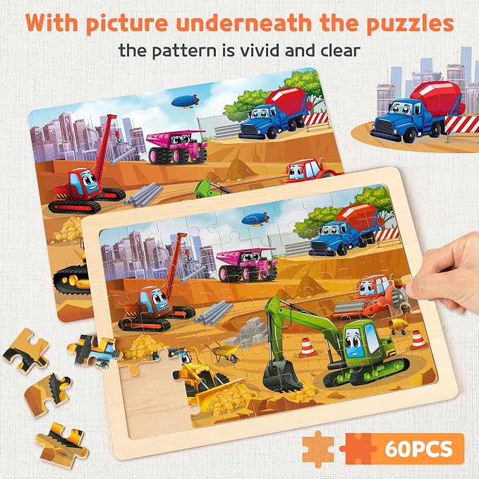 SYNARRY Wooden Vehicle Puzzles for Kids Ages 4-6, 6 Packs 60 PCs Jigsaw Puzzles Preschool Educational Toys Gifts for Children Ages 4-8, Kids Toys Gifts for 4+ Year Olds Boys Girls | 6-Pack Puzzles for Kids Ages 4-6, Puzzles for Kids Ages 6-8, Screen-Fr...