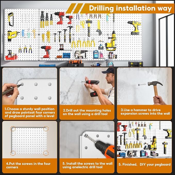 Peg Board, 114PCS Heavy Duty Metal Pegboard with Hooks, 8 Pack White Peg Board Panels, 60lbs Load Capacity Each, Pegboard Wall Organizer for Garage, Workshop, Kitchen, Craft Rooms
