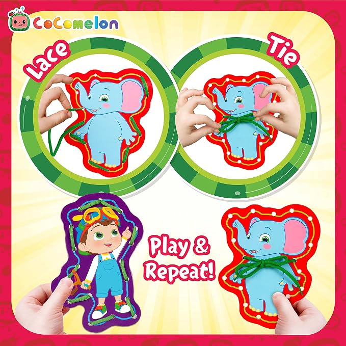 Cocomelon My First Lace Art- Wooden Cocomelon Tracing Activity- 6 Characters & 6 Laces Included- Fine Motor Development Toy for Toddlers & Preschoolers- Reusable Craft Kit-Gift for Boys Girls 3+