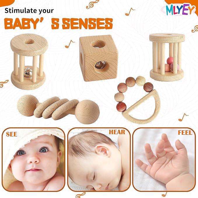 Wooden Baby Toy 8pcs, Montessori Toys for Babies 1-3 Years Old, Wooden Rattles Toy Set for Infant Grasping, Sensory Development, Gift for Baby Boys Girls (Natural Wood)