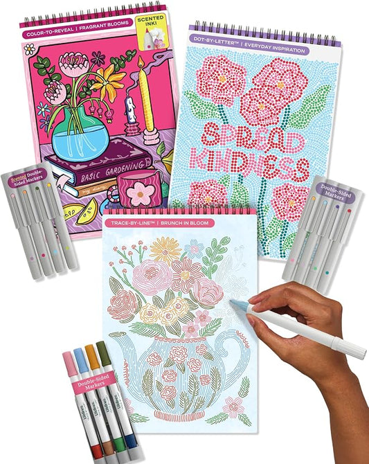 Lifelines FlowArt Activity Pads, 3-Pack, Dot-by-Letter Coloring Books | 12 Double-Sided Markers, 60 Scenes - Guided Dot Art Meditations for Tweens, Adults & Seniors - Patent-Pending