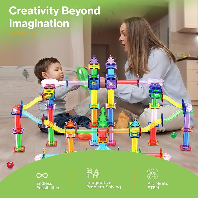 PicassoTiles 200 PCS Picasso Tiles Marble Run LED Race Track Set Ages 3+ | 193 translucent parts, 7 balls including 2 light-up, vertical & horizontal 3D builds, BPA-free ABS, fine motor & spatial play