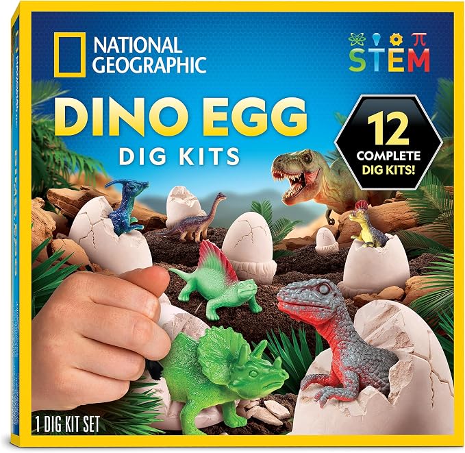National Geographic Dinosaur Dig Kit with 12 Dino Eggs for Kids | 12 Dino-Shaped Dig Bricks, Dinosaur Figures Inside, Excavation Tools, Party Activity, Fossil Discovery, Birthday Gift