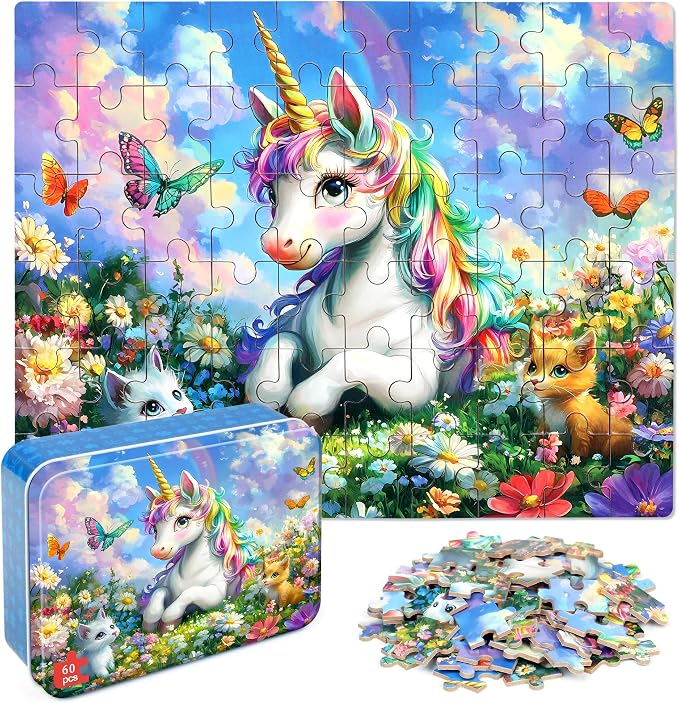 LELEMON Unicorn Puzzles for Kids Ages 4-8,60 Pieces Raibow Unicorns Cats Butterfly Jigsaw Puzzles in a Metal Box,Cute Raibow Unicornss Learning Educational Puzzles for Boys Girls