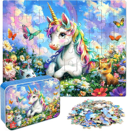 LELEMON Unicorn Puzzles for Kids Ages 4-8,60 Pieces Raibow Unicorns Cats Butterfly Jigsaw Puzzles in a Metal Box,Cute Raibow Unicornss Learning Educational Puzzles for Boys Girls