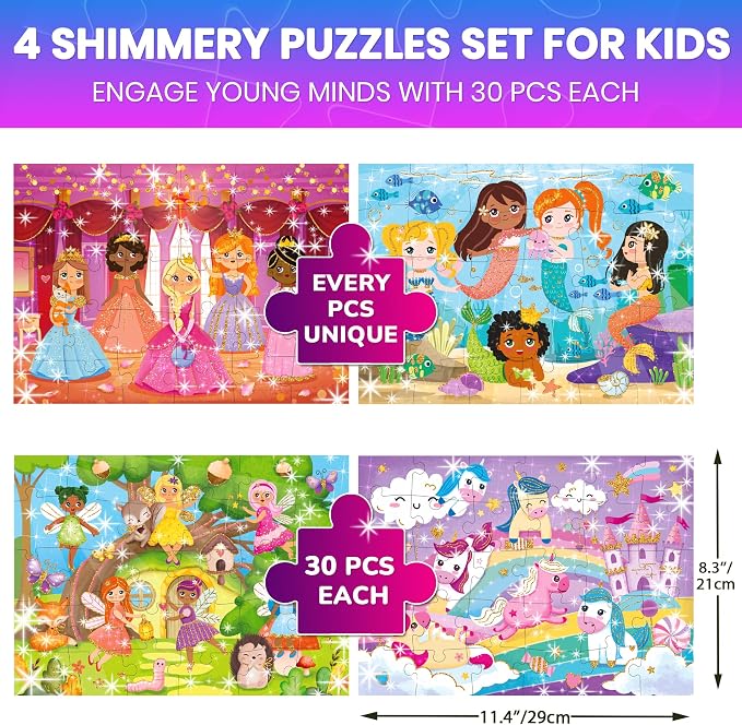 30 Piece Puzzles for Kids 3-5 - 4 Jigsaw Shimmer Toddlers Puzzles Ages 4-6 | Fairy Tale Set with Princess Unicorns Puzzles for Kids Ages 4-6 Years - Gift for Children