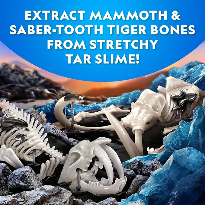 National Geographic Slime Kit for Kids Ages 6-12, Glow in the Dark Dig Kit | Mammoth and Saber-Tooth Tiger Skeletons, Black Slime, Reusable Prehistoric Science Toy, Paleontology Activity
