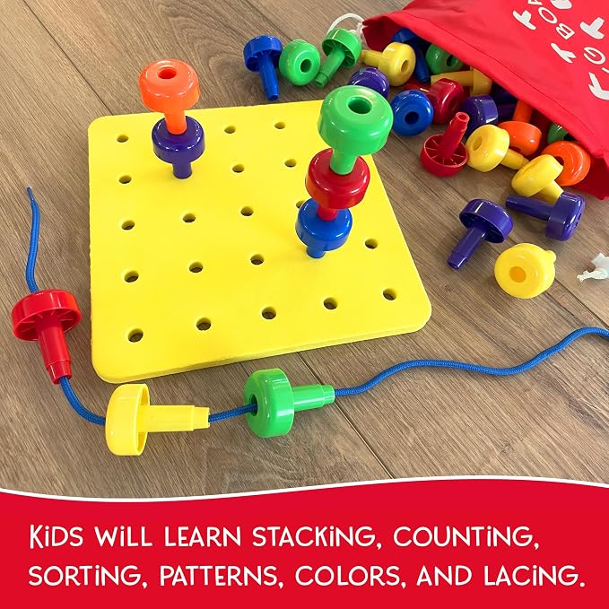 Blu Jay Foam Peg Board Toy - 36 Pegs, Foam Board, Lacing String, Storage Bag - Occupational Therapy Toys - Fine Motor Skills Toys for Toddlers and Kids (Yellow)