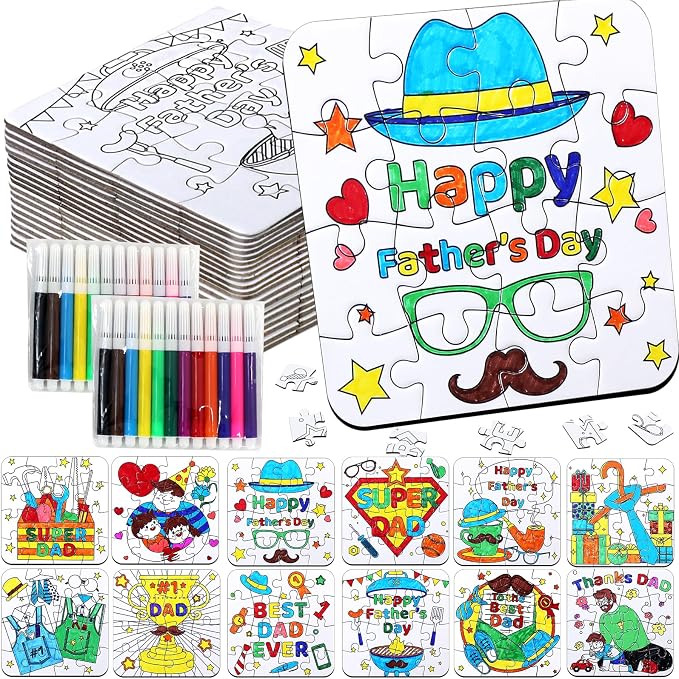 24 Set Fathers Day Crafts for Kids Toddlers Classroom Bulk, Father's Day Arts DIY Jigsaw Puzzle with Shirt Hat Tool, June Best Dad Activities for School Gifts Coloring Games Paper Toy projects