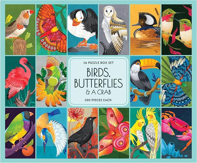 RoseArt - Birds Butterflies & Crab Jigsaw Puzzle Box Set- 16 Mini Puzzles, 100 Pieces Each - Colorful Puzzle Gift Set for Adults