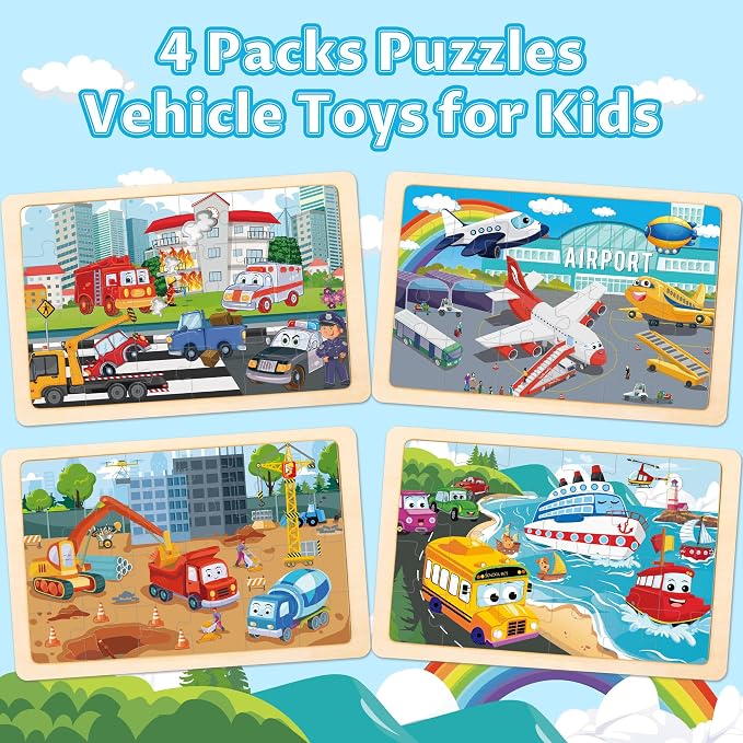 Wooden Puzzles for Kids Ages 3-5, 4 Packs Puzzles for Kids Ages 4-6,Vehicle | 24-Piece, Truck, Vehicle, Wood Jigsaw Puzzles for Toddlers 3-5,Preschool Educational Toys, Gifts for Children Ages 4-8 Boys