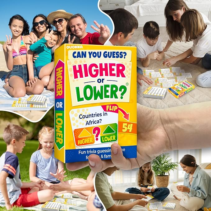 QUOKKA Trivia Board Games for Kids and Adults – Family Board Games for Family Game Night – Higher or Lower Trivia Cards for Kids 8-12 – Guess Fun Questions – Educational Card Game for Families&Teens