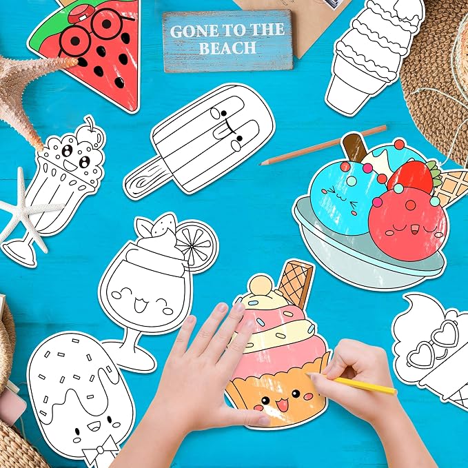 30Pcs Summer Ice Cream Coloring Magnets Arts Crafts Kits for Kids | Ice Cream Blank DIY Coloring Magnets for Summer Holiday Party Fridge Whiteboard School Classroom Activities Decors