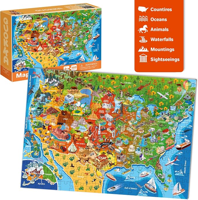 300 Piece Puzzles for Kids Ages 6-8 - 3 Jigsaw Kids Puzzles Ages 4-6 | Puzzles for Kids Ages 8-10 Learning United States Map, World and Space - Educational Game for Children 12 Year Old