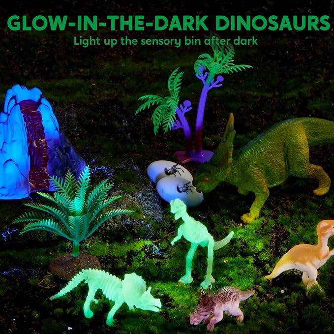 JOVA Klever Kits Dinosaurs Sensory Bin Toys for Kids with Glow in The Dark Dinosaurs, Sandbox with Lid Sand, Preschool Learning Activities Gifts for Boys Girls Age 3+