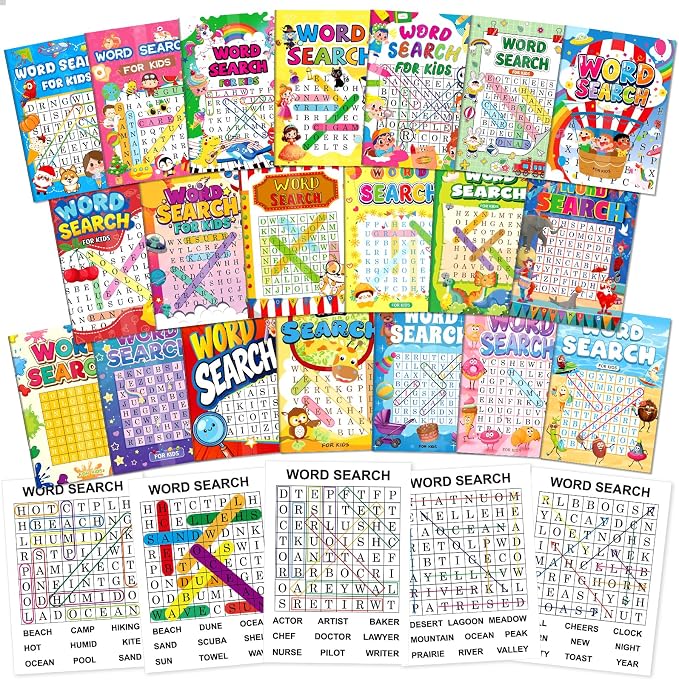 Elfew 20 Pack Bulk Small Word Search Puzzle Books for Kids Ages 4-8 8-10 | Over 2500+ Words, Answer Keys Included, Educational Vocabulary Activity Workbooks, Travel Screen Free Learning Games