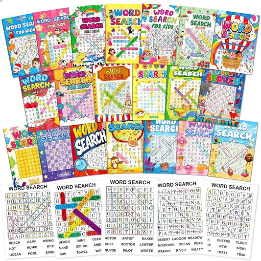 Elfew 20 Pack Bulk Small Word Search Puzzle Books for Kids Ages 4-8 8-10 | Over 2500+ Words, Answer Keys Included, Educational Vocabulary Activity Workbooks, Travel Screen Free Learning Games