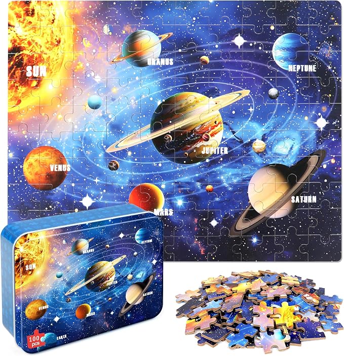 LELEMON 100 Pieces Jigsaw Puzzles for Kids Ages 4-8 Solar System Planets Educational Puzzles Boys Girls Children Learning Educational Puzzles Portable Box Pack Toy