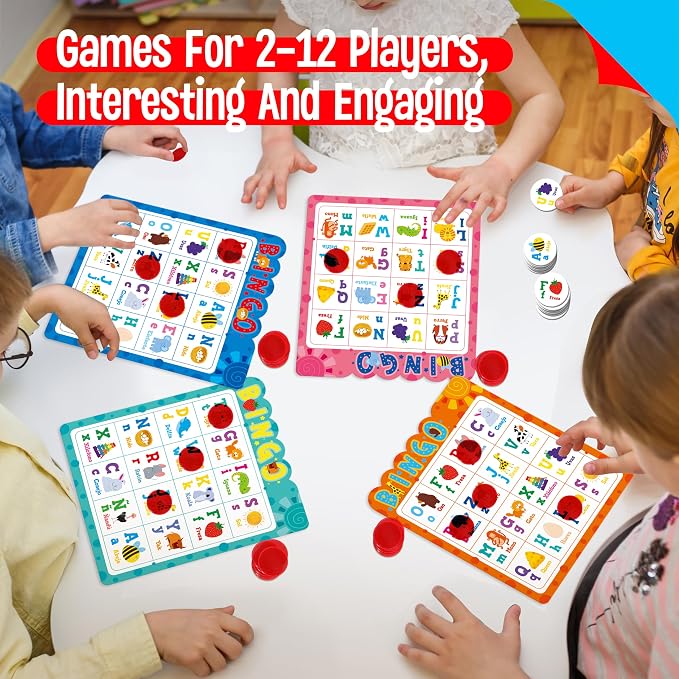 SpriteGru Spanish Bingo Game, 12 Bingo Board Spanish Letters, Numbers & Words Vocabulary Game, Early Educational Toys for Learning - Ages 4 and up, Perfect for Classroom & at Home (Up to 12 Players)