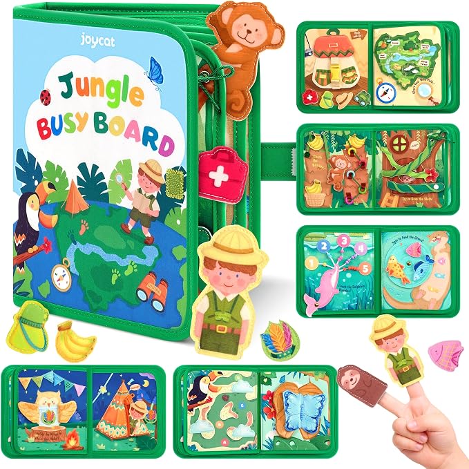 JoyCat Jungle Busy Board for Toddlers 2-4, 25 in 1 Busy Book | support fine motor practice, counting, matching, problem solving, pretend play, and screen-free fun at home or on the go