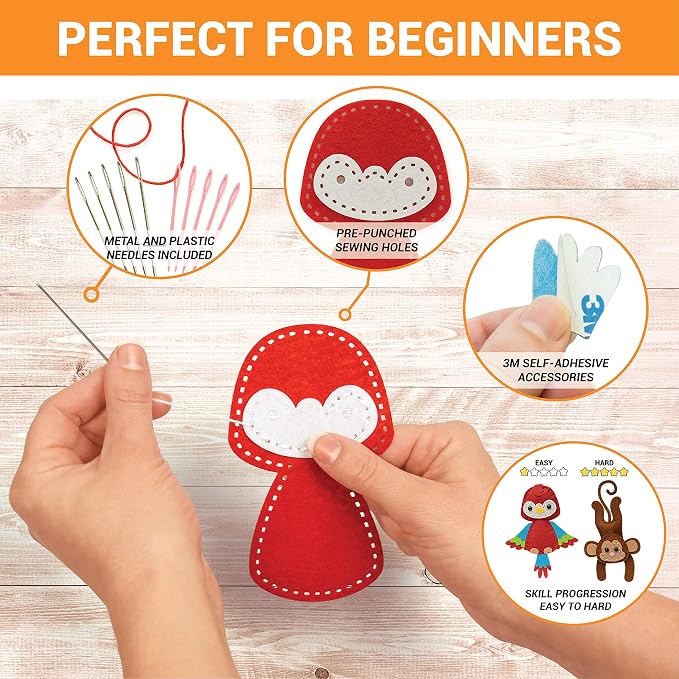 Craftorama Sewing Kit for Kids, Fun and Educational Wild Animal Craft Set for Boys and Girls Age 7-12, Sew Your Own Felt Animals Craft Kit for Beginners, 165 Piece Set