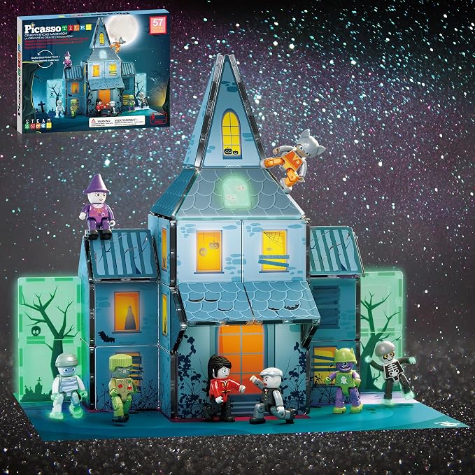 PicassoTiles 57 PCS Magnetic Tiles Halloween Haunted House STEM Set Ages 3+ | 8 action figures with rotating limbs, double-sided tile prints, doors and windows, creative storytelling playset, BPA-free