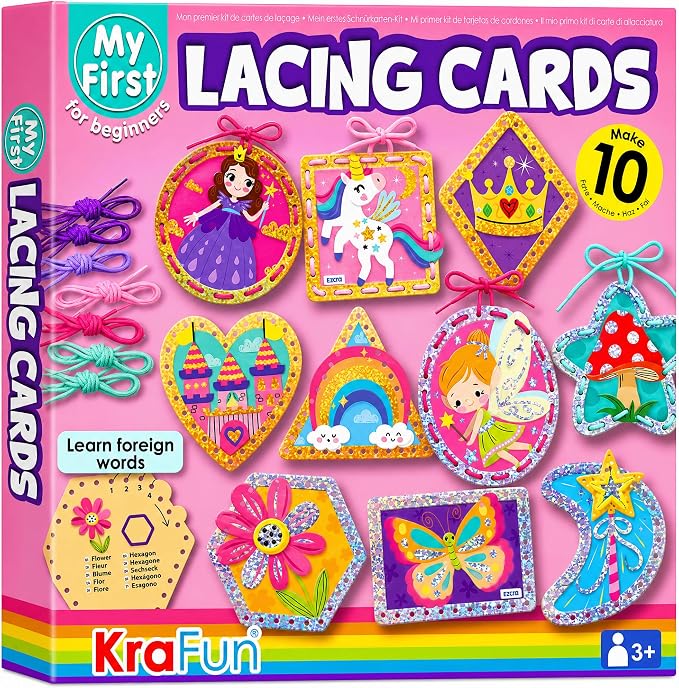 KRAFUN Princess Unicorn Holographic Lacing Cards Age 3+ | 10 Projects | Holographic foil cards: Princess, Unicorn, Fairy & Castle. Fine motor skills. Premium gift for girls age 3+