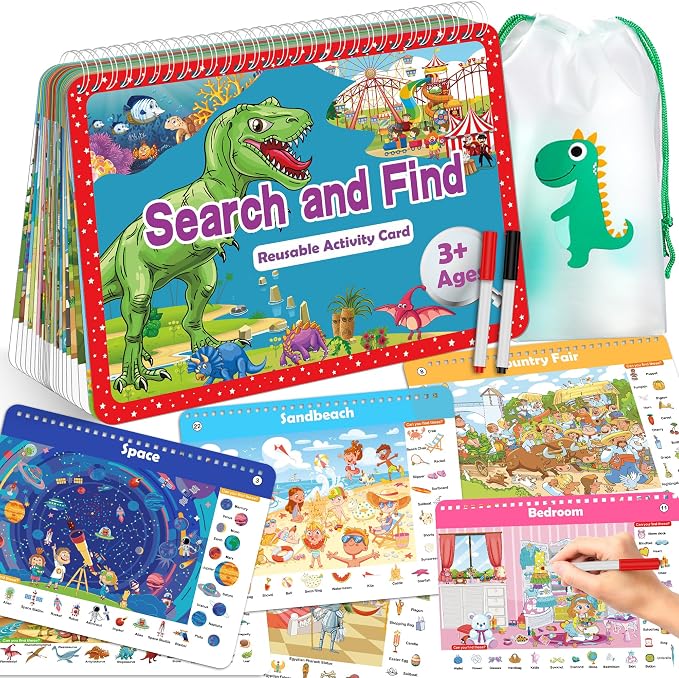 Elfew Search and Find Reusable Activity Book for Kids 3-5 4-8, Travel Games | 24 Unique Themed, Wipe Clean Educational Toys, Car Games Travel Toys for Toddlers, Kids Airplane Road Trip Travel Essentials