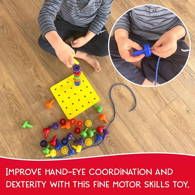 Blu Jay Foam Peg Board Toy - 36 Pegs, Foam Board, Lacing String, Storage Bag - Occupational Therapy Toys - Fine Motor Skills Toys for Toddlers and Kids (Yellow)