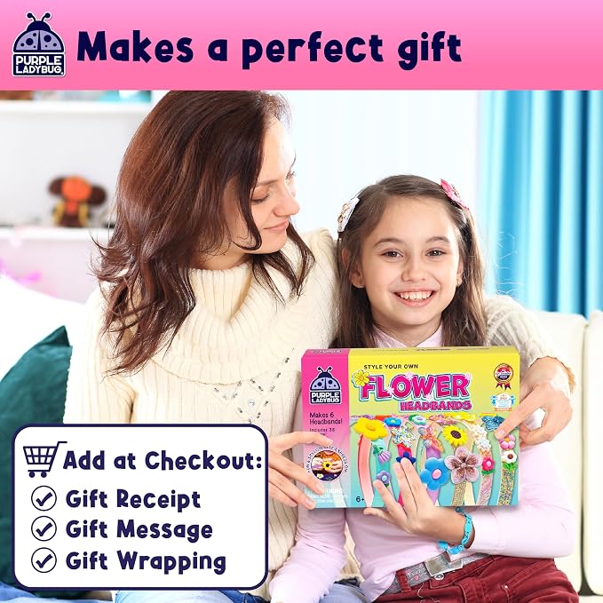 PURPLE LADYBUG Flower Headband Making Kit for Girls - Summer Toys for Kids Ages 4-8, Summer Crafts for Kids, 6 Year Old Girl Birthday Gift, Hair Accessories for Girls, Decorative Craft Activity Set