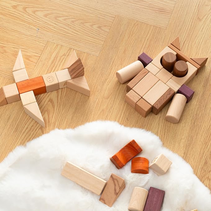 Alphabet Number Early Math Wooden Building Blocks Set - 86 Blocks in 6 Shapes with Wooden Storage Tray. Preschool Montessori Kids Toys. Stacking Learning Toys for Toddlers. Age 3 Years +