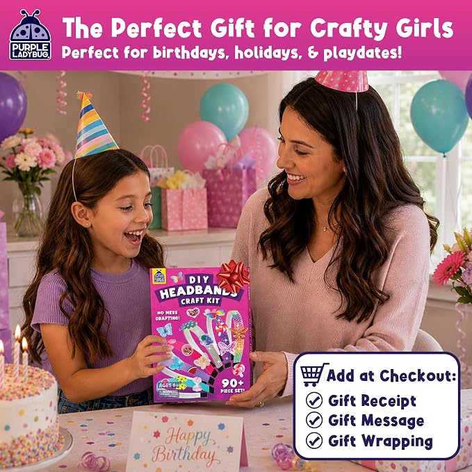 Glamour Headband Making Kit for Girls Ages 5+, Mess-Free Playdate Activity | DIY Craft Kit with 6 Satin Headbands for Girls, Easy to Make, Screen-Free Activity, Birthday Gifts for 5 Years Old Girls