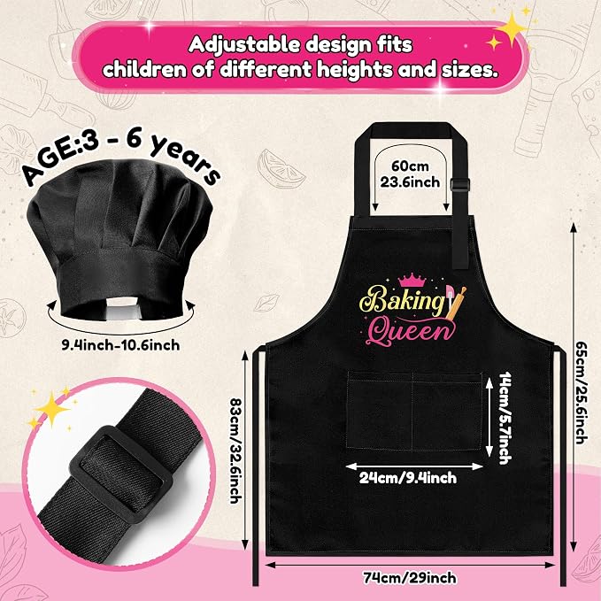 R HORSE Kid Apron and Chef Hat Set 2Pcs Adjustable Black Baking Queen Children Kitchen Apron, Dress up Role Play Chef Toy Funny Cooking Baking Painting and Training Kits for Girls Birthday Gift