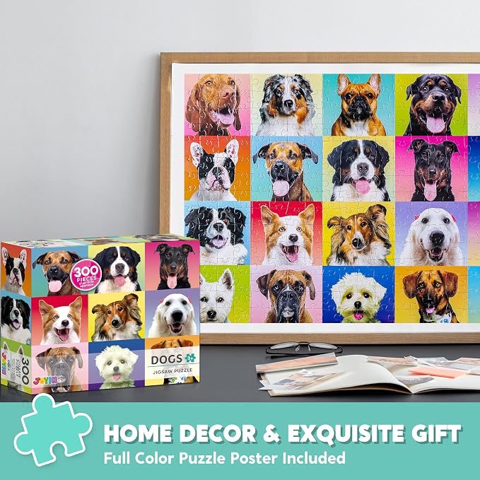 JOYIN 300 pcs Multicolor Dog Puzzles, Jigsaw Puzzle for Kids and Adults(27.6" x 19.7"), Puppy Theme Puzzles for Kids, Collection Gift Home Art Decor, Birthday Gift for Boys Girls 3 4 5 6 7 8