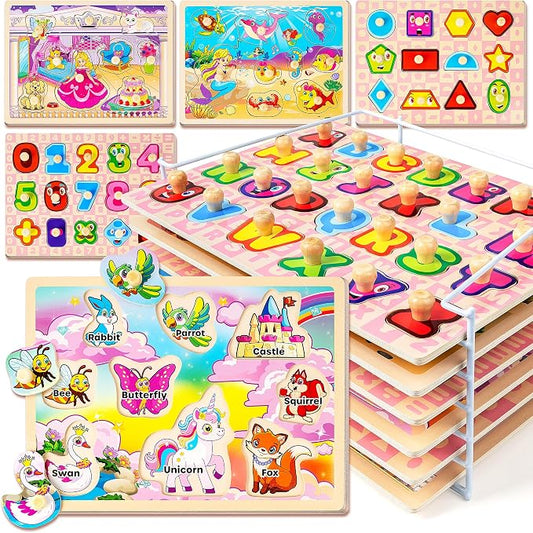 SYNARRY Wooden Puzzles for Toddlers 1-3, 6XSET Toddlers Puzzles Ages 1-3 with Rack, Learning Alphabet Number Shape Unicorn Princess Mermaid Animal, Gifts Toys for Girls Ages 2-4