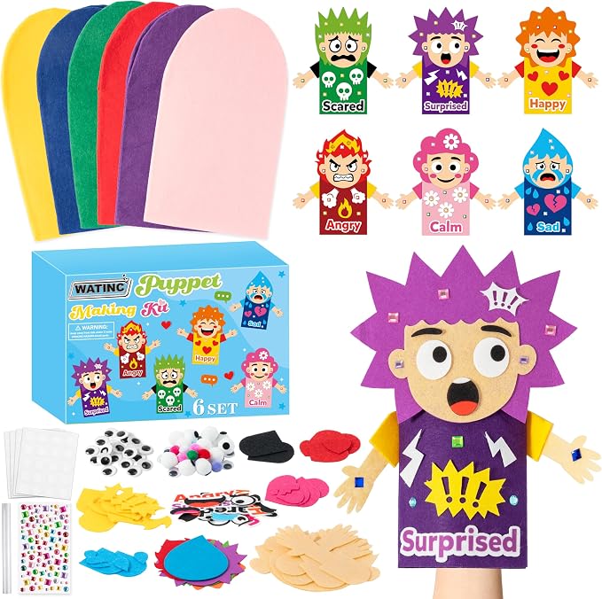 WATINC Hand Puppet Making Kit, Felt Sock Puppet Toys for Kids (Emotion) | 6 Styles, Make Your Own Storytelling & Role Play Crafts, Creative Group Activity, Party Favors & Gifts for Kids Ages 4-8